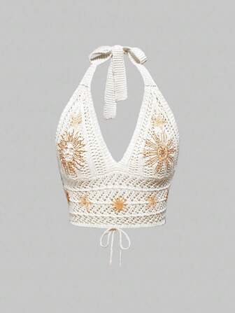 Damen Hippie Boho Stil besticktes Top mit Mond- und Sternenmuster