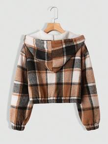SHEIN Tall CURVE 大码女式格子印花连帽拉链保暖内衬短款长袖夹克 - 彩色 - 查看 2