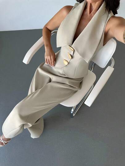 Firerie Women's Casual And Elegant Apricot Faux Linen Wide-Leg Pants Set, Perfect For Commuting And Elegant Looks. /Women's Fall Clothes/Back-To-School Outfits For Women/Teacher Outfits For Women/Teacher Clothes/Business Casual Woman/Business Negotiation/Intellectual Woman Outfits/Metal-Buttoned Babydoll Top/Babydoll Top,