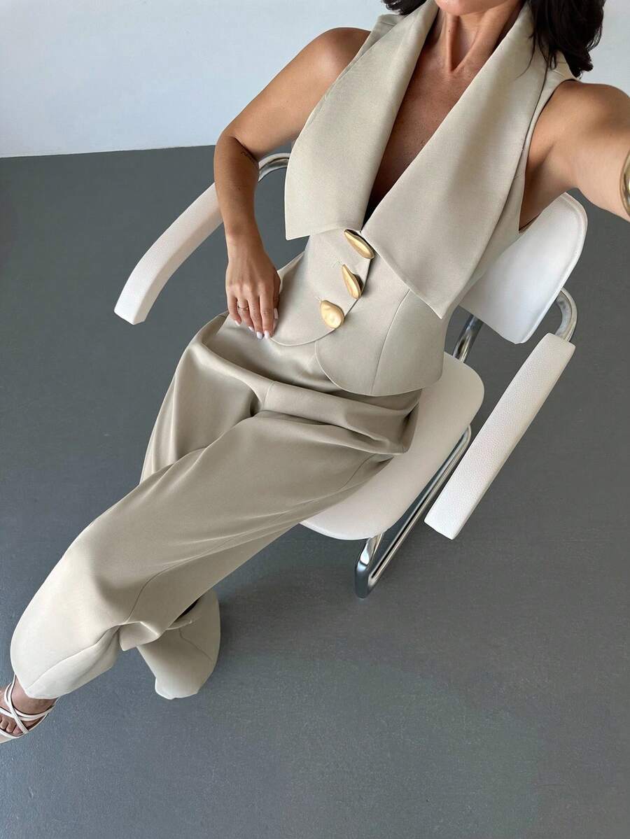 Firerie Women's Casual And Elegant Apricot Faux Linen Wide-Leg Pants Set, Perfect For Commuting And Elegant Looks. /Women's Fall Clothes/Back-To-School Outfits For Women/Teacher Outfits For Women/Teacher Clothes/Business Casual Woman/Business Negotiation/Intellectual Woman Outfits/Metal-Buttoned Babydoll Top/Babydoll Top,