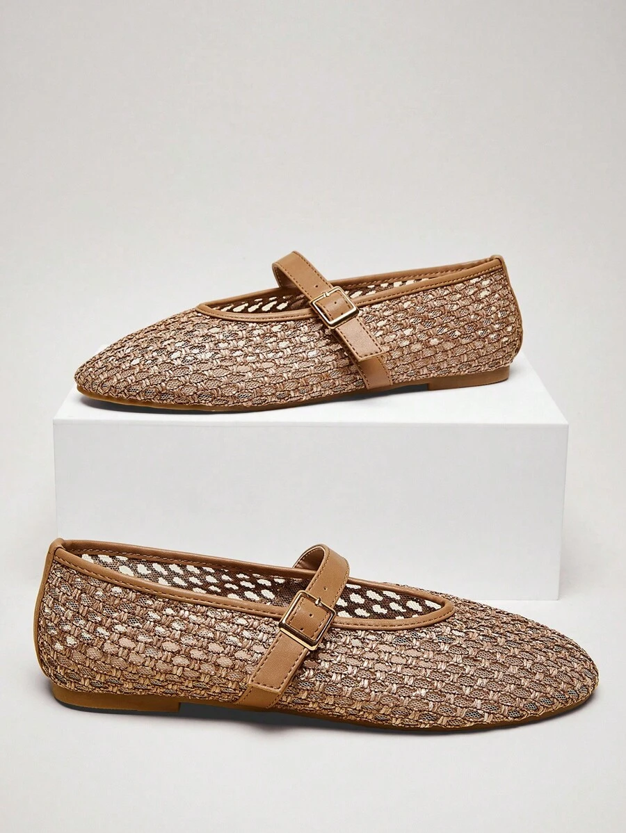 SHUZIA Women Comfortable Raffia Mary Jane Ballet Flats - Camel - View 1