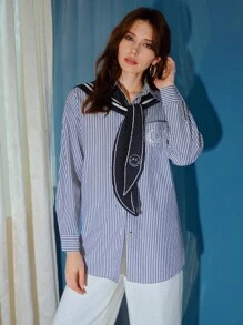 S.W.Smiley x MOTF PREMIUM STRIPED EMBROIDERY DETAIL SHIRT - Blue - View 5