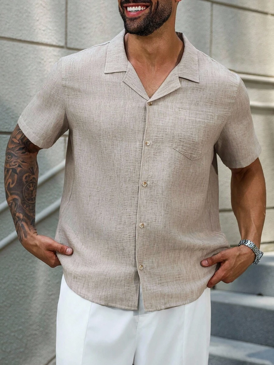 Manfinity Homme Camisa de manga corta de unicolor casual para hombre de talla grande, verano - Caqui - Ver 1