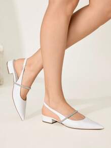 CUCCOO CHICEST Damen minimalistische Mode Spitzschuh weiße Strass Kette Blockabsatz Slip-On Lässig Loafer - Weiss - Übersicht 8