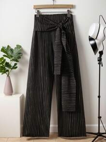 Lacomfia Plus Size Summer High Waist Splice 2 In 1 Tie-Up Wide Leg Striped Casual Suit Pants For Women Fall Cloth For Women - Black and White - View 1