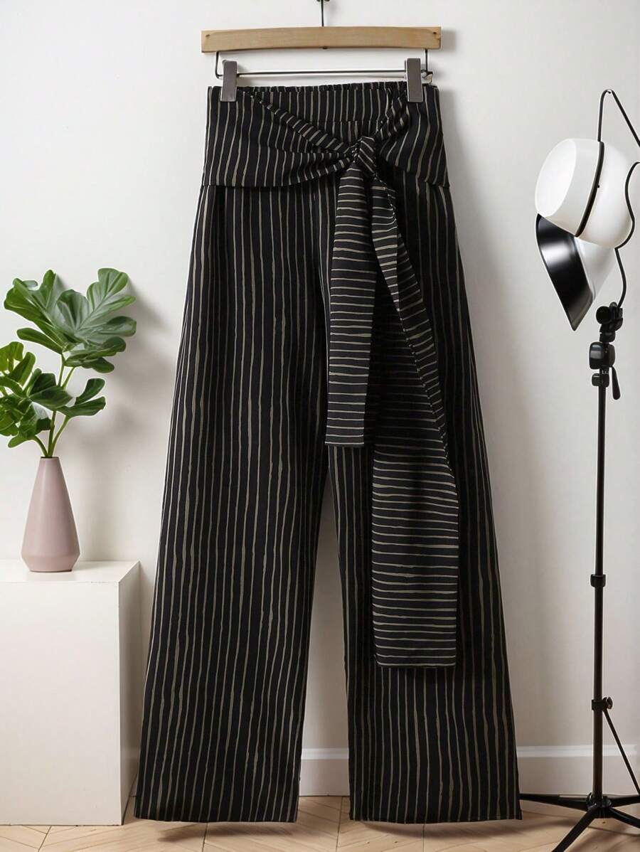 Lacomfia Plus Size Summer High Waist Splice 2 In 1 Tie-Up Wide Leg Striped Casual Suit Pants For Women Fall Cloth For Women - Black and White - View 1
