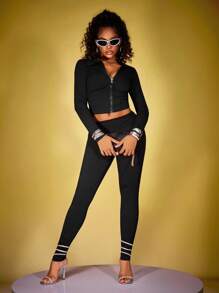 INAWLY 2pcs Solid Color Zip-Up Jacket & Fitted Leggings Set For Women, Autumn Fall Cloth For Women - Black - View 5