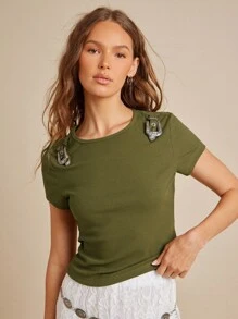 WESTFADE Rib Knit Crewneck Short Sleeve Cowgirl Buckle T-Shirt Summer Vacation Western Cowgirl Rodeo - Army Green - View 4