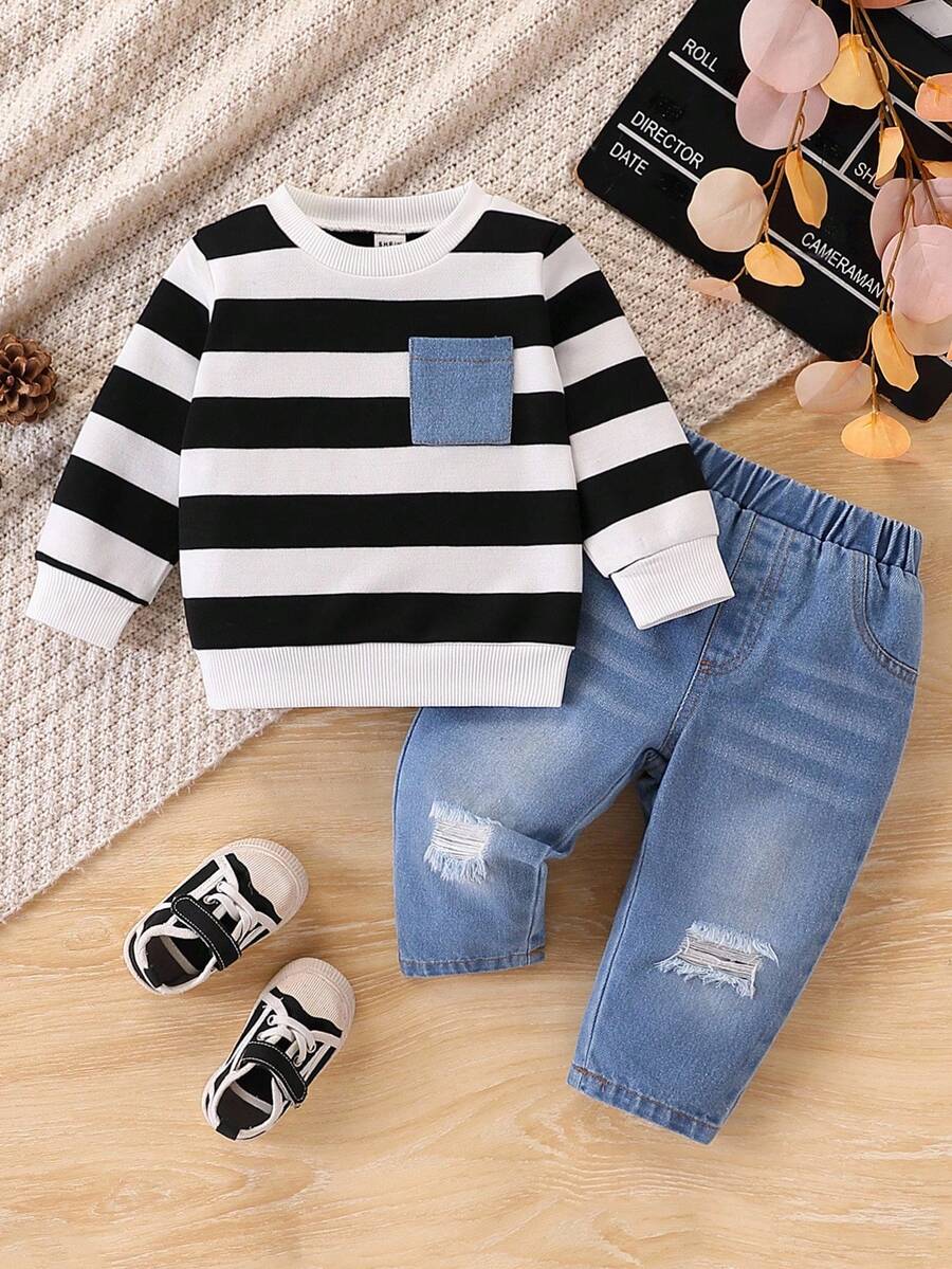 2pcs Baby Boy Autumn/Winter Outfit, Cute Striped Sweatshirt Pullover Knit Top And Jeans/Casual Pants Set, Comfortable Versatile Fashionable Casual Everyday Wear, Suitable For Indoor, Outdoor, Daily, Sports, Play, Party, Photo Shoot, Holiday Baby Boy Black And White Striped Shirt Baby Boy Jeans Baby Boy Streetwear Baby Boy Outfit Fall
