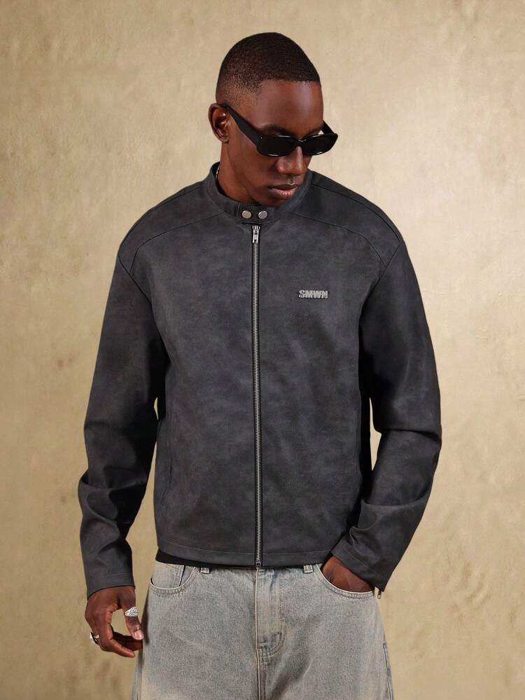 Faux Suede Bomber Jacket With Mandarin Collar