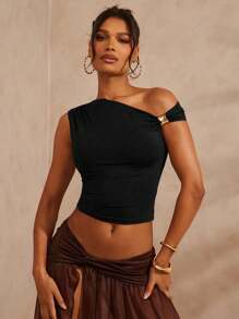 Hauture Women's Solid Color Asymmetric Sleeveless Top - Black - View 3