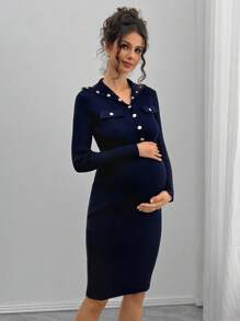 Momance Solid Color Button-Up Fitted Maternity Dress, Long Sleeve Dress - Blue - View 1