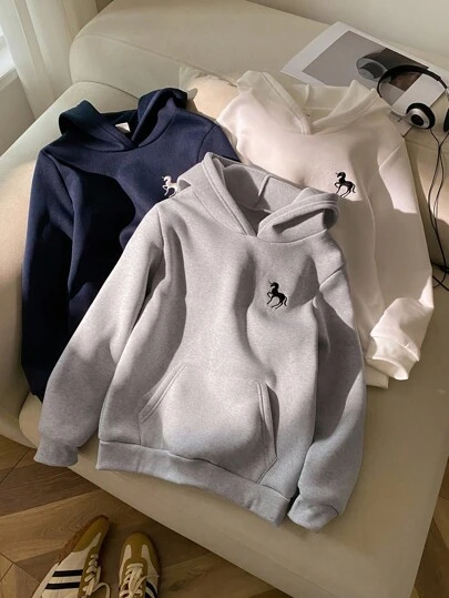 3 件女童休闲宽松舒适独角兽刺绣连帽羊毛运动衫，秋冬