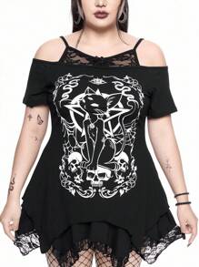 ROMWE Goth Gyaru 风格夏季海滩节女式狂欢街头服饰，哥特风格猫星骷髅印花不对称下摆露肩蕾丝吊带背心宽松大码 T 恤