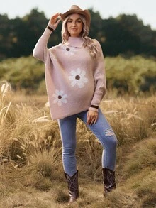 SHEIN 孕妇休闲不对称下摆长袖毛衣 - 藕粉色 - 查看 7