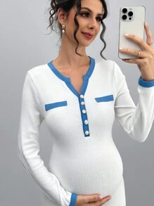 SHEIN Vestido elegante con recorte de bloques de color acanalado, vestido de cola de pez de manga larga con decoración de botones - Blanco - Ver 7