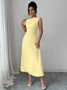 Modelyn Women's Yellow Asymmetrical Neck Waist Fitted Dress, Elegant - Yellow - View 6