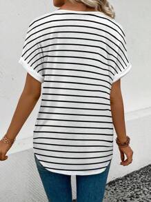 SHEIN Women's V-Neck Short Sleeve Loose Striped Heart Print Bestselling T-Shirt - Multicolor - View 2