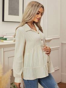SHEIN Solid Color Long Sleeve Ruffle Hem Casual Maternity Shirt - Apricot - View 6