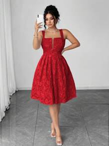 Elenzga Halloween Plus Size Women V-Neck Jacquard Textured Fabric Waist Design Casual Vacation Style Camisole Dress - Red - View 1