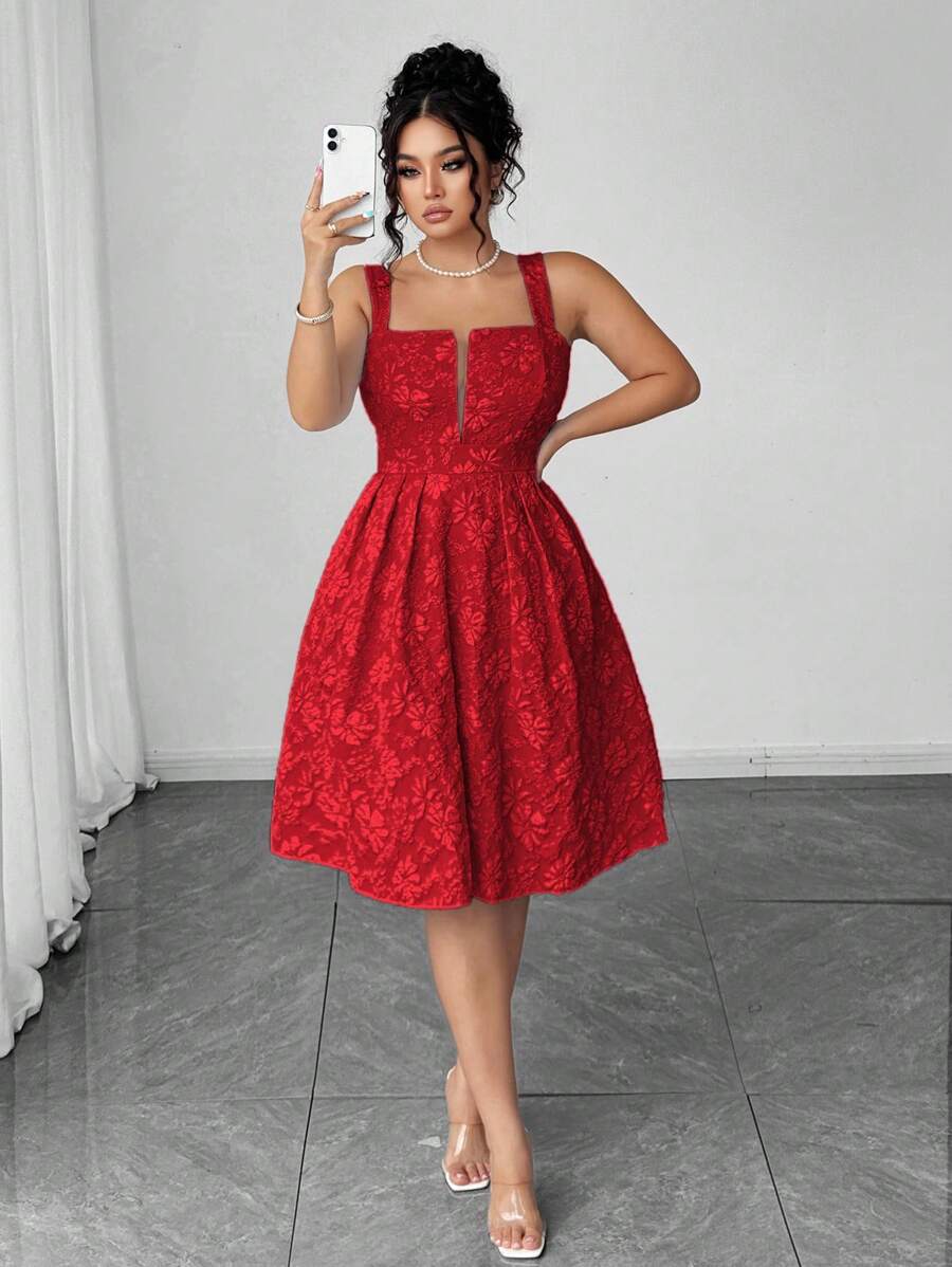 Elenzga Halloween Plus Size Women V-Neck Jacquard Textured Fabric Waist Design Casual Vacation Style Camisole Dress - Red - View 1