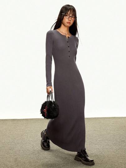 Rina Fox Solid Color Slim Fit Dress, Suitable For Commuting Fall Cloth For Women