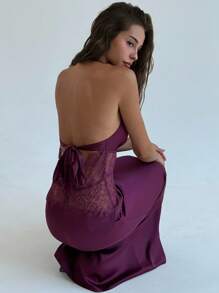 Aloruh Váy yếm hở lưng phối ren màu trơn gợi cảm dành cho nữ, mùa hè - Màu Đỏ Sâu - Xem 3