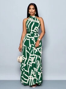 Vestido maxi con estampado integral, escote halter, fluido, con cinturón, para vacaciones (floral aleatorio) - Verde - Ver 3