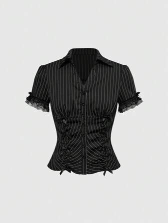 Grunge Punk Striped Slim Fit Waist Lace Trim Patchwork Short Sleeve Plus Size Women Blouse