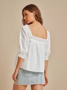 WESTFADE Áo Babydoll tay bồng cổ vuông cài nút phía trước, họa tiết hoa 100% cotton và lỗ xỏ dây thời trang mùa thu, trở lại trường, phong cách đồng quê cổ điển - trắng - Xem 2