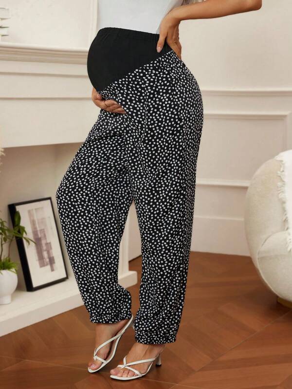 SHEIN Pantalones de maternidad versátiles y cómodos con estampado, cintura ajustable y cordón