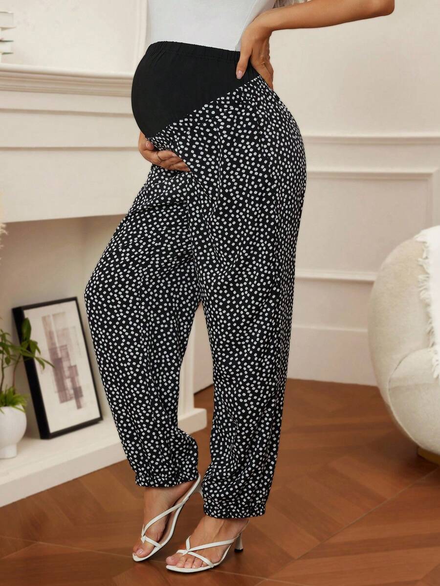 SHEIN Maternity Versatile Comfortable Printed Adjustable Waist Drawstring Pants - Black - View 1