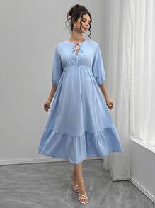SHEIN 孕妇纯色圆领抽绳荷叶边袖休闲连衣裙 - 藍色 - 查看 1
