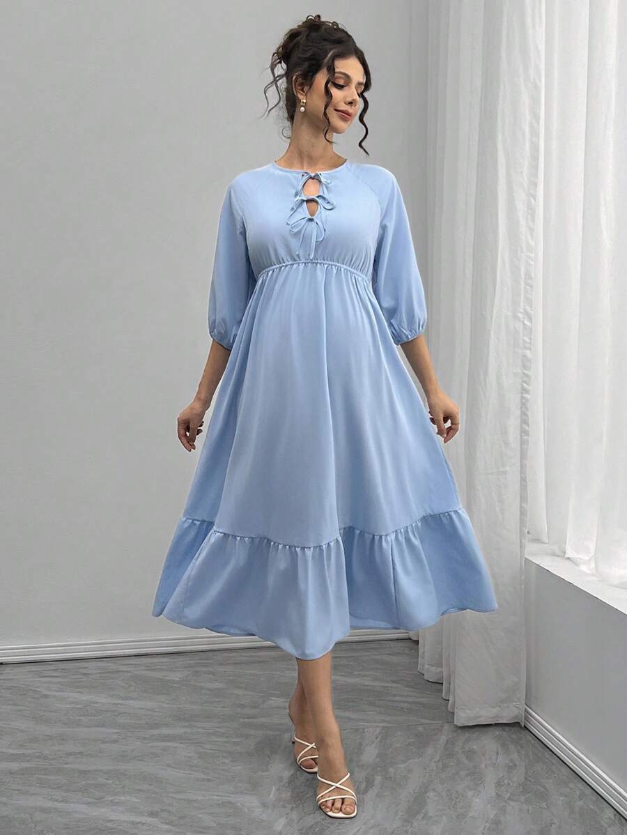 SHEIN 孕妇纯色圆领抽绳荷叶边袖休闲连衣裙 - 藍色 - 查看 1