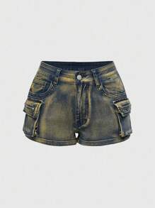 Quần short mini cạp thấp vải denim rách cỡ lớn dành cho nữ, phong cách đường phố Wasteland Punk - Màu vàng - Xem 7