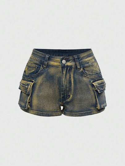 Grunge Punk Pantaloncini di jeans strappati a vita bassa oversize, stile punk da strada wasteland, per donne di taglia grande