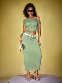 INAWLY Women's Solid Color Ruched Top And Skirt 2 Pieces Set - Green - View 2