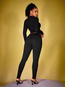 INAWLY 2pcs Solid Color Zip-Up Jacket & Fitted Leggings Set For Women, Autumn Fall Cloth For Women - Black - View 2