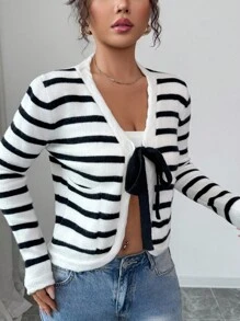 Elenzga New Women's Fashionable & Elegant V-Neck Tie-Up Colorblock Striped Knit Cardigan, Sophisticated Casual Everyday Wear, Autumn/Winter Fall Cloth For Women - Black and White - View 4