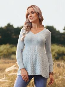 SHEIN Pull de maternité à manches longues en tricot câblé froncé de couleur unie - Gris - Voir 5