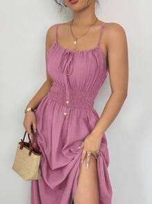 Elenzga Vestido cómodo de verano y primavera de fibra de lino color café con lazo frontal y cintura con lazada, estilo casual y fluido - Rosa - Ver 6