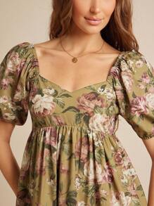 WESTFADE 花卉印花 100% 纯棉府绸甜心领蝴蝶结泡泡袖迷你娃娃裙秋季返校服装乡村音乐会服装 - 彩色 - 查看 5