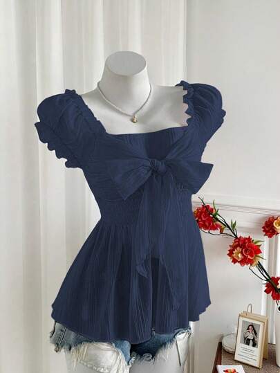 Sweetra Summer Sweet Sexy Diva Bowknot Short Sleeve Chiffon Blouse For Women