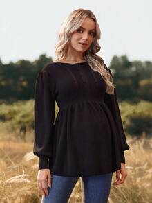 SHEIN Solid Color Cable Knit Ruffle Hem Maternity Sweater - Black - View 3