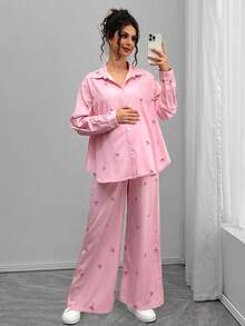 Momance Elegant Casual Butterfly Print Pink Long Cardigan Maternity Set