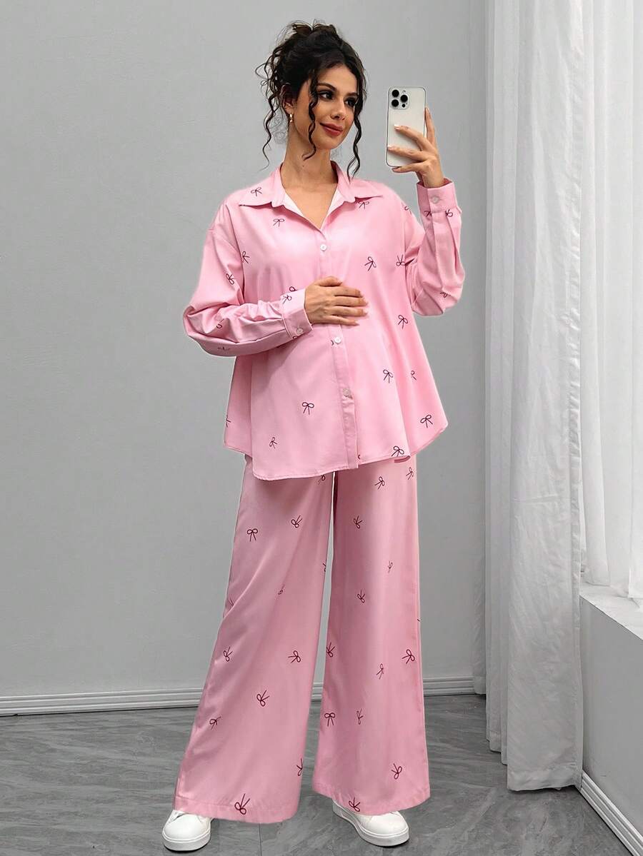 Momance Elegant Casual Butterfly Print Pink Long Cardigan Maternity Set