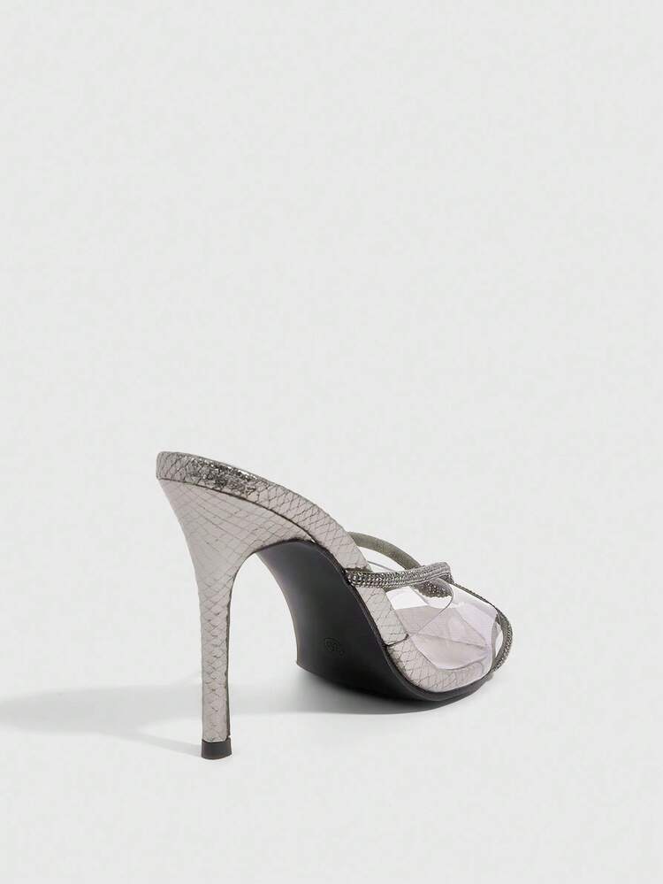 CUCCOO SZL 10cm Silver Rhinestone Criss-Cross Design Sexy Pointed Toe High Heel Sandals