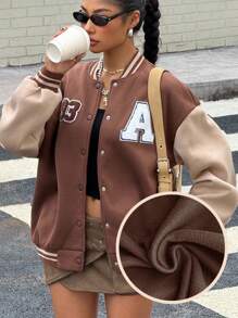少女棕色拼布撞色字母贴花装饰超大棒球夹克 - 棕色 - 查看 1