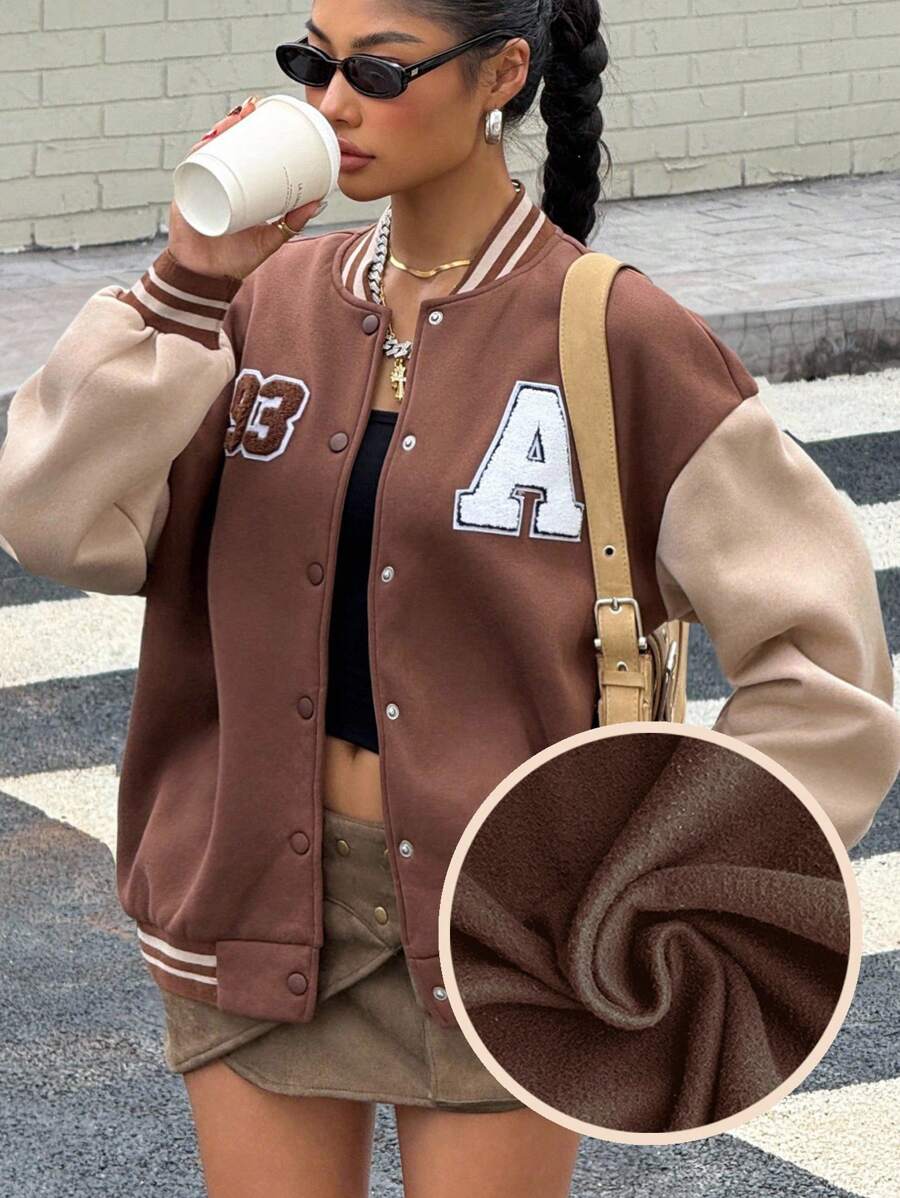 少女棕色拼布撞色字母贴花装饰超大棒球夹克 - 棕色 - 查看 1