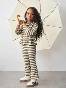 Maija Kids Maija Kids 2件套少女条纹圆领长袖T恤和裤子套装 - 彩色 - 查看 1